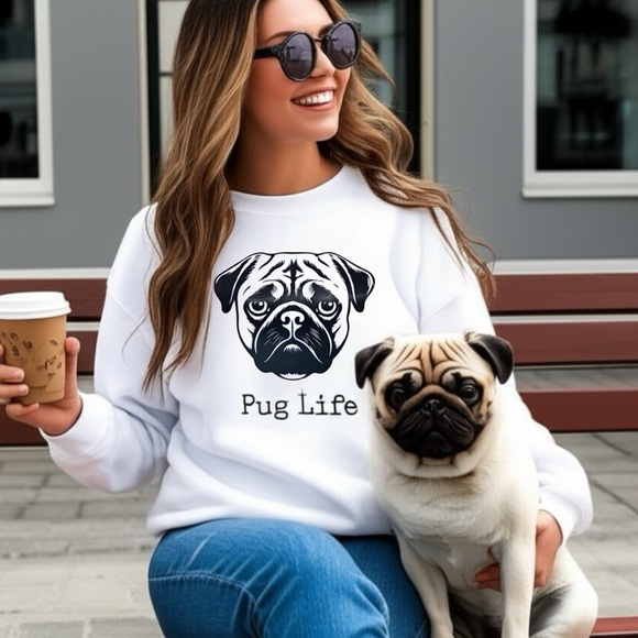 Pug Life Dog Funny Fleece Oversized Sweatshirt Pull Over Crew Neck - Picture 1 of 5
